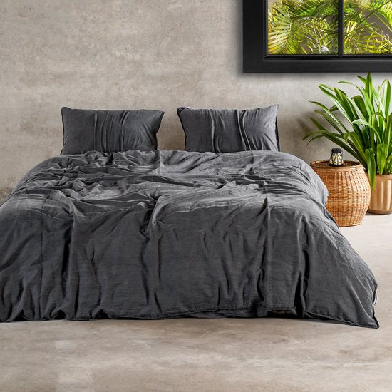 Stone Washed Dekbedovertrek Antraciet