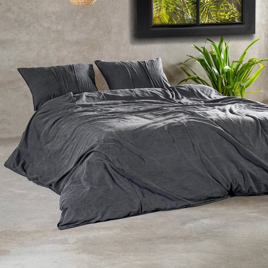 Stone Washed Dekbedovertrek Antraciet