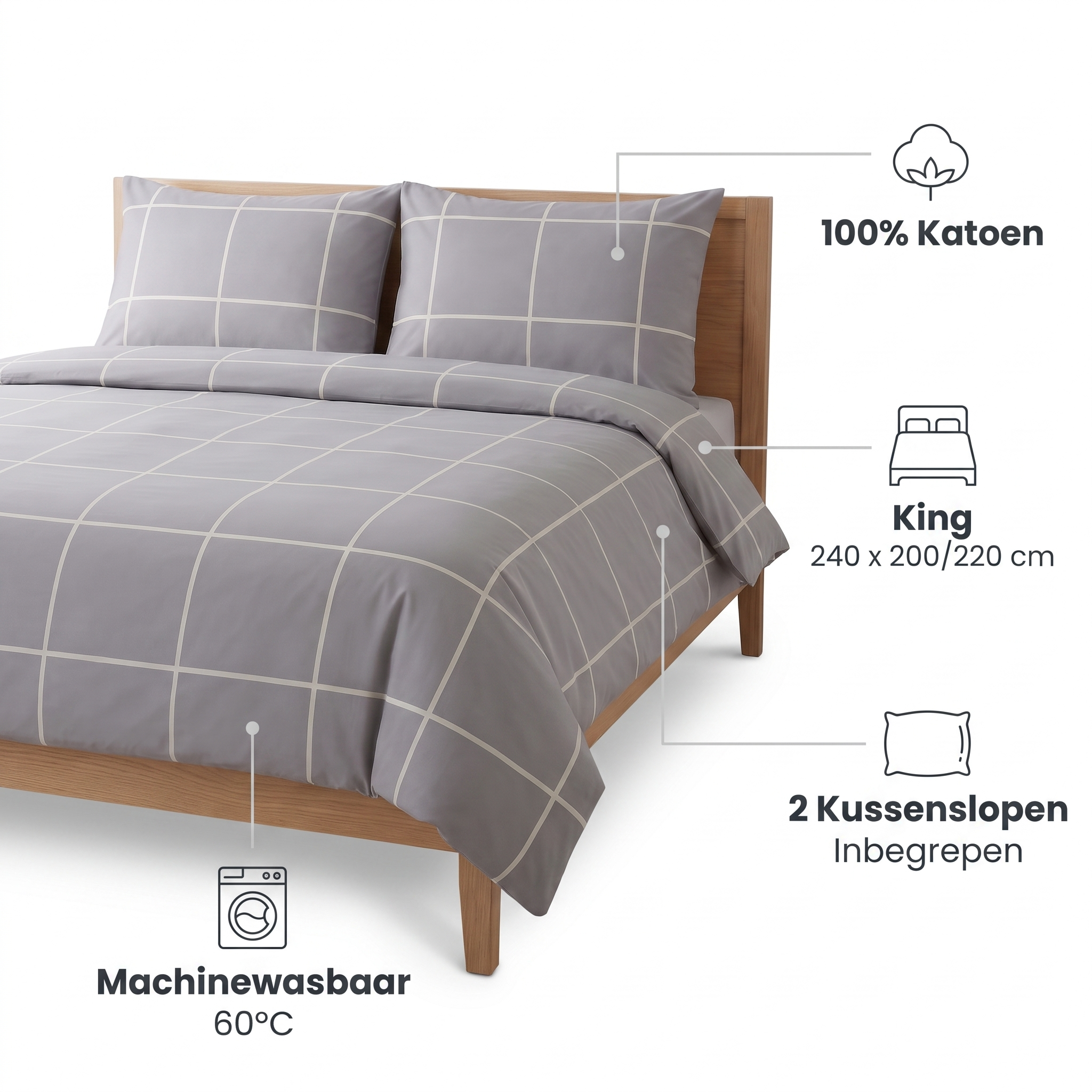 Check Patroon Grijs Dekbedovertrek 240x220cm Lits-jumeaux